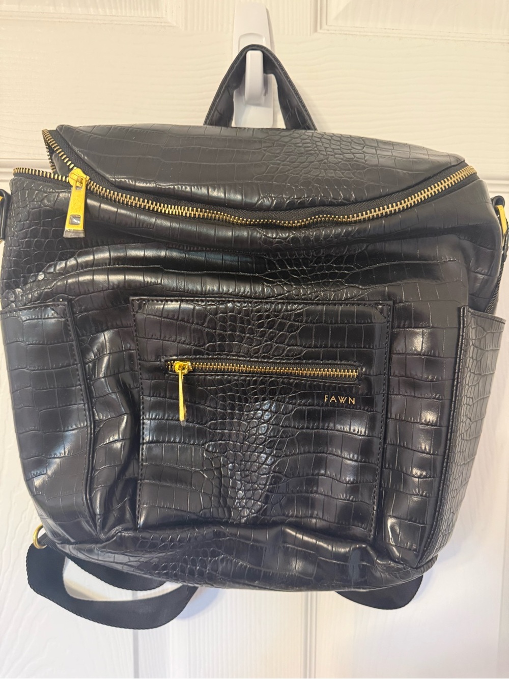 Fawn Design Black Croc-Embossed Baby Backpack with Gold Hardware